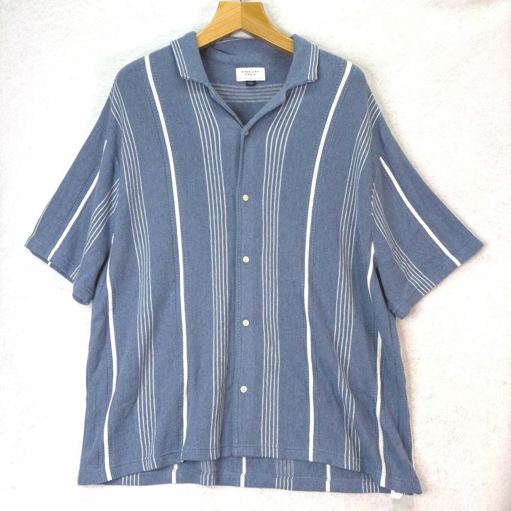 American Eagle Blue Striped Button Up Sweater Polo Mens XXL Coastal Grandpa Core